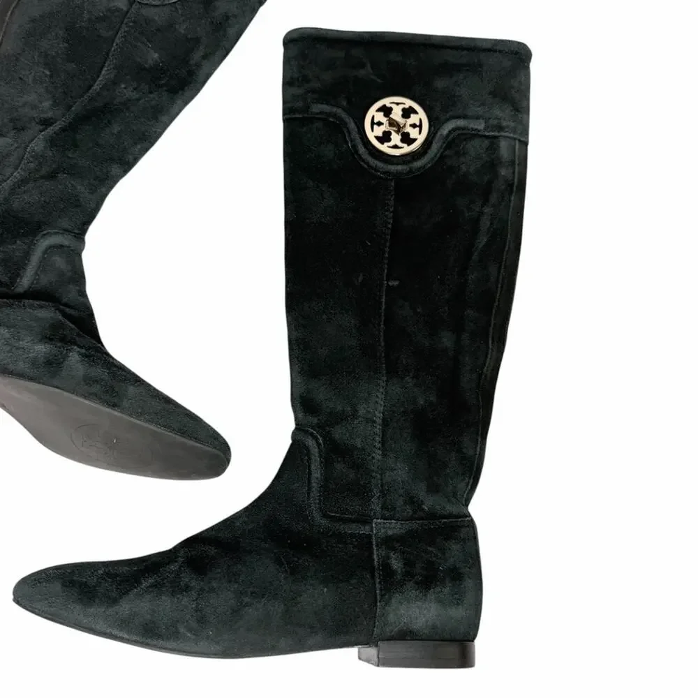 TORY BURCH BLACK SUEDE KNEE LENGTH FLAT BOOTS ZIPPER & GOLD LOGO MEDALLION 7.5